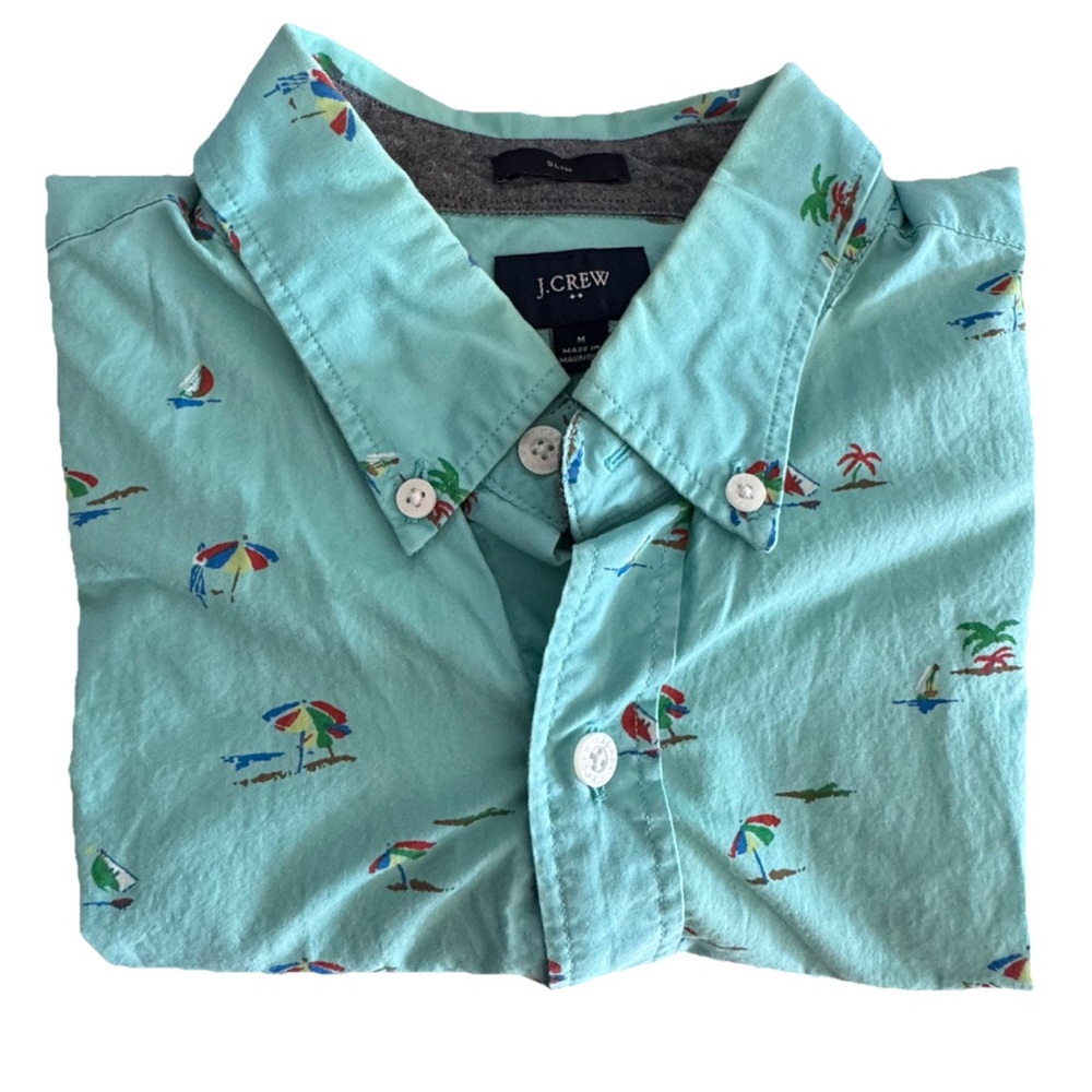 J Crew Button Down Cotton Shirt Beach Tropical Blue Shirt, Men’s Medium